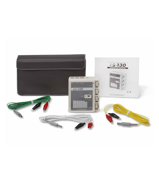 electroestimulador ITO ES-130 con 3 canales de salida, su caja y estuche para guardarlo